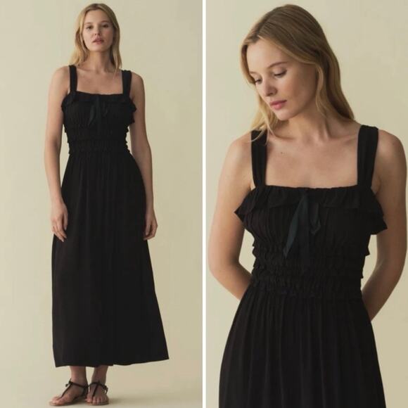 DÔEN Dresses & Skirts - DÔEN Carolynn Crepe Smocked Midi Dress Black